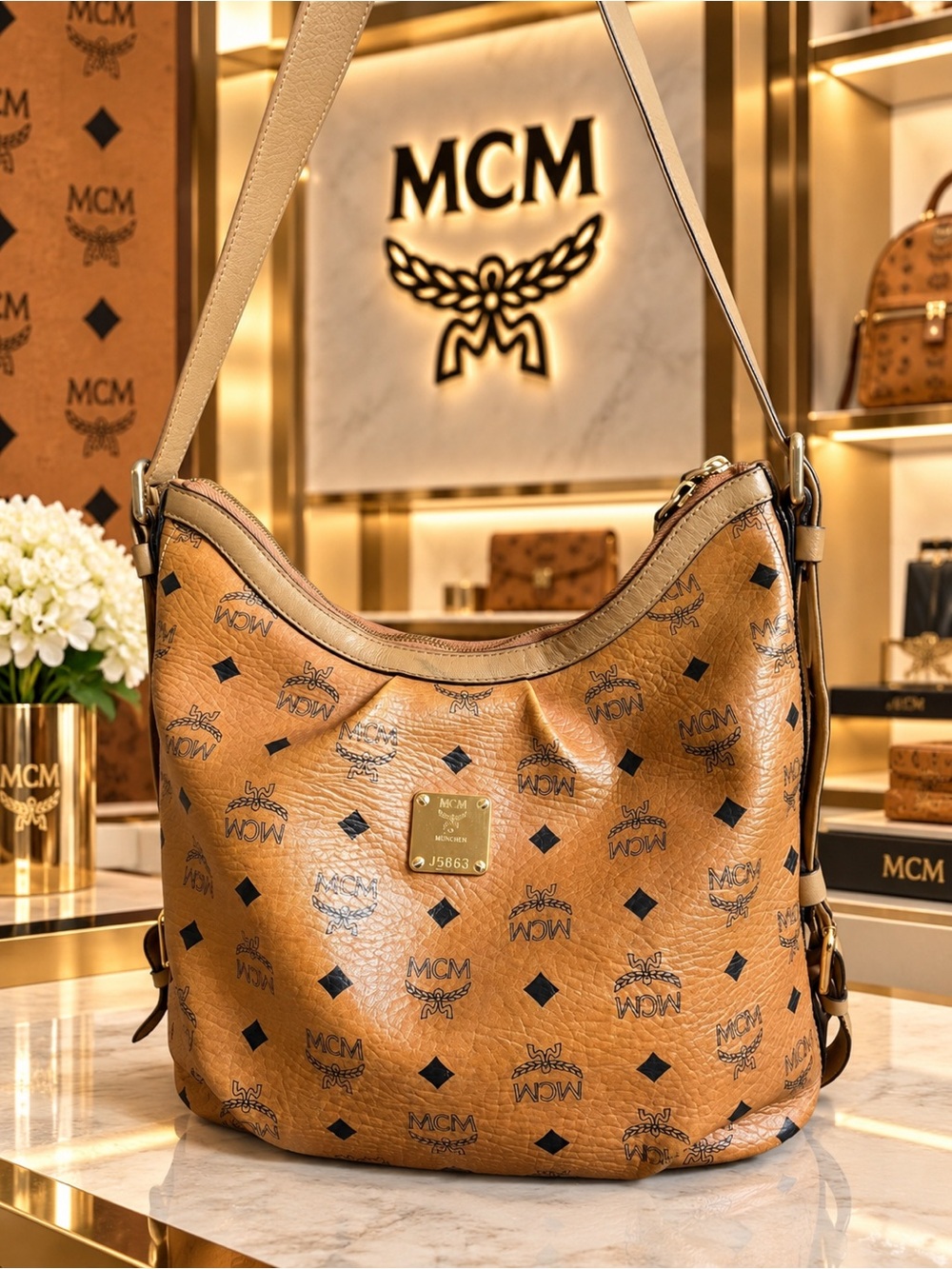 MCM Cognac Visetos Logo Shoulder Bag with Gold Plaque
